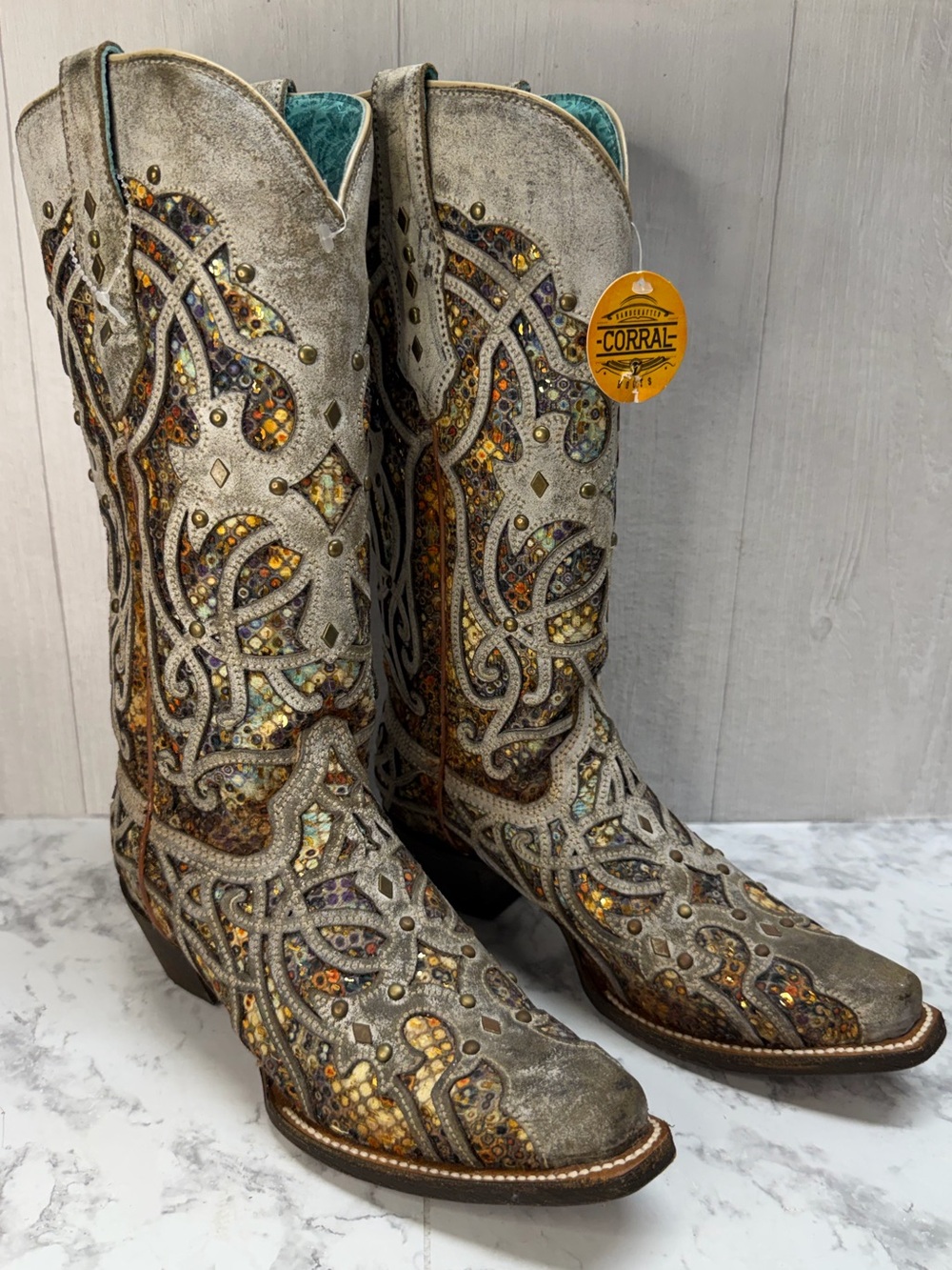 CORRAL WOMEN'S TAUPE Sparkle INLAY WESTERN Cowgirl BOOTS Size 7.5 SNIP TOE
